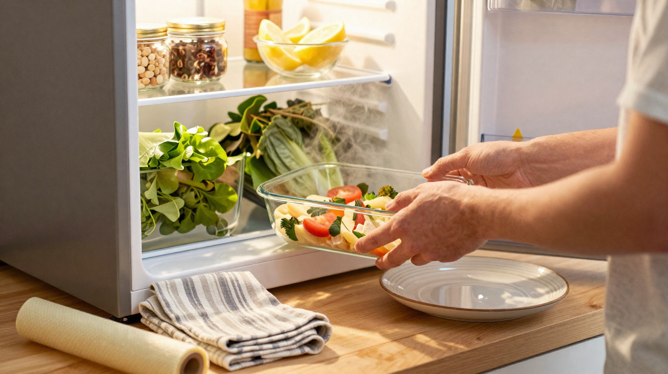 Pessoa retirando prato com comida quente do micro-ondas aberto em cozinha com vegetais e utensílios.