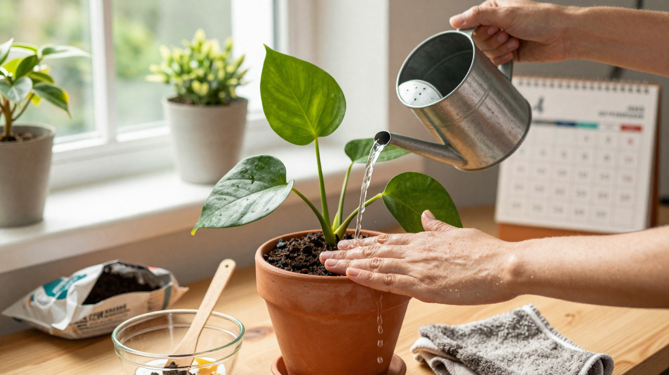 Pessoa regando planta em vaso de barro sobre mesa próxima a janela com outras plantas e calendário ao fundo.
