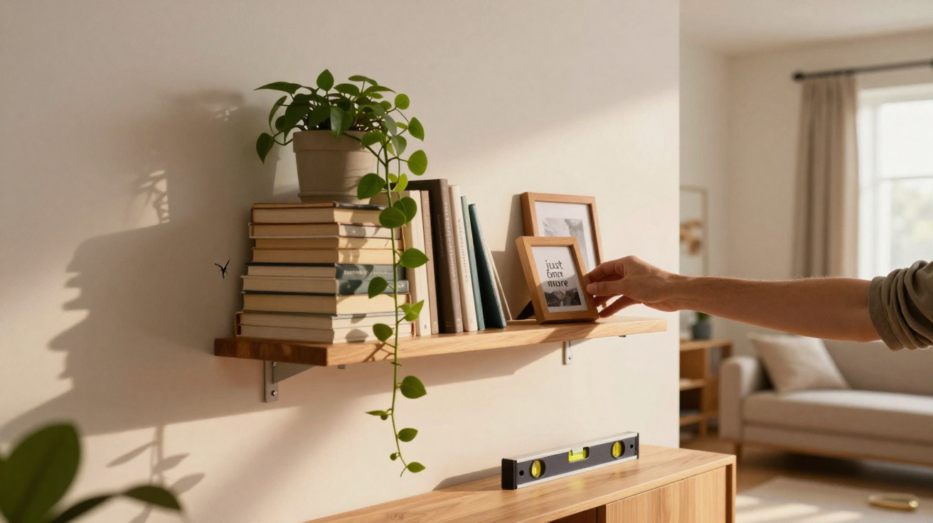 Prateleira de madeira com livros, planta e moldura sendo ajeitada por uma mão em sala iluminada.