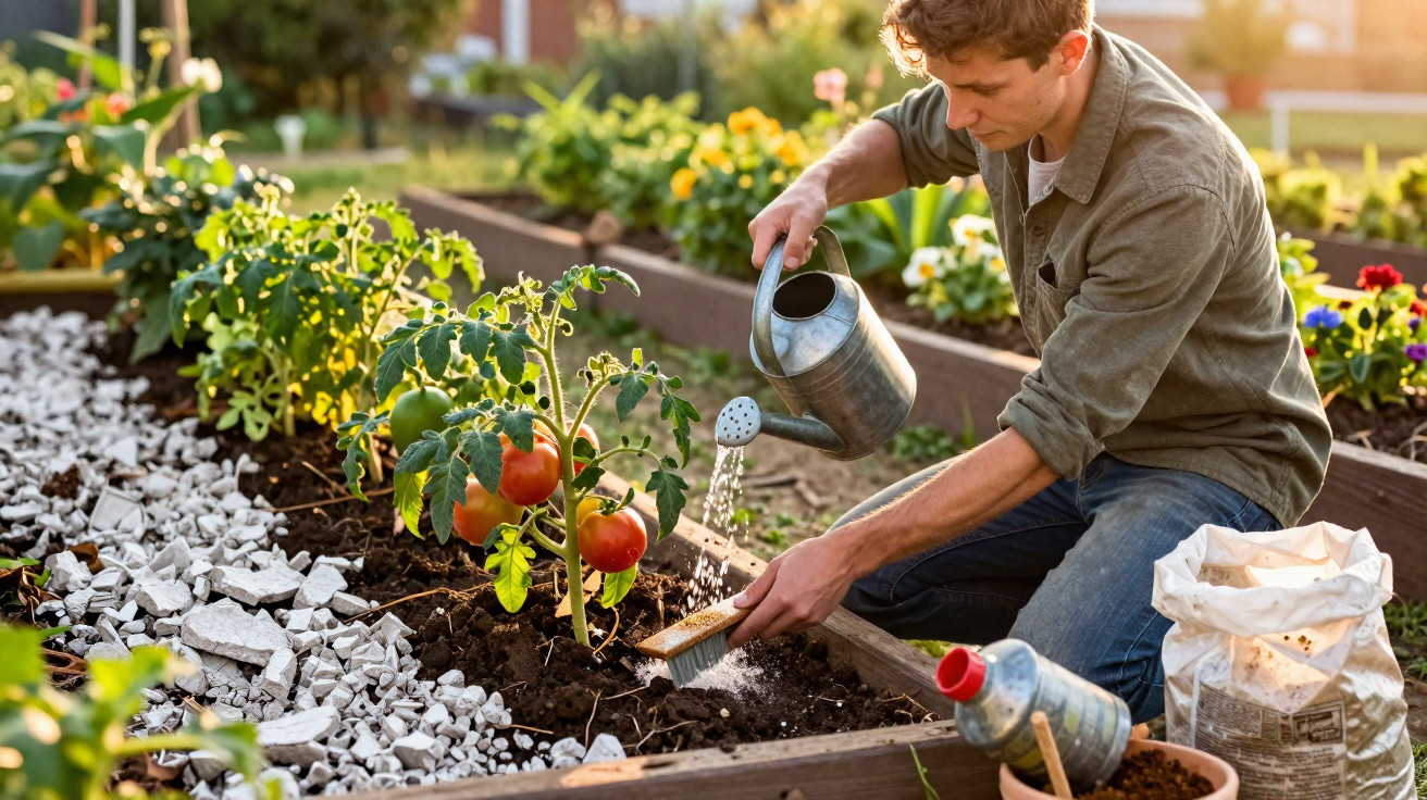 Homem regando plantas de tomate e cuidando do jardim em canteiros elevados ao entardecer.
