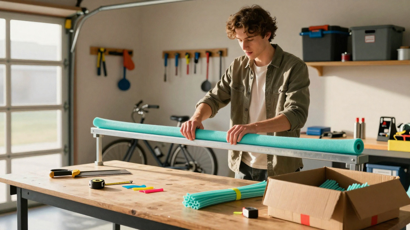Jovem preparando material de construção em oficina com bicicleta ao fundo e caixa aberta na mesa.