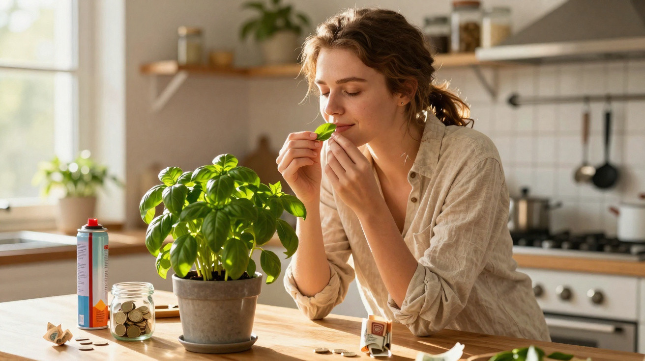 Mulher cheirando folha de planta em vaso sobre mesa de madeira em cozinha iluminada.