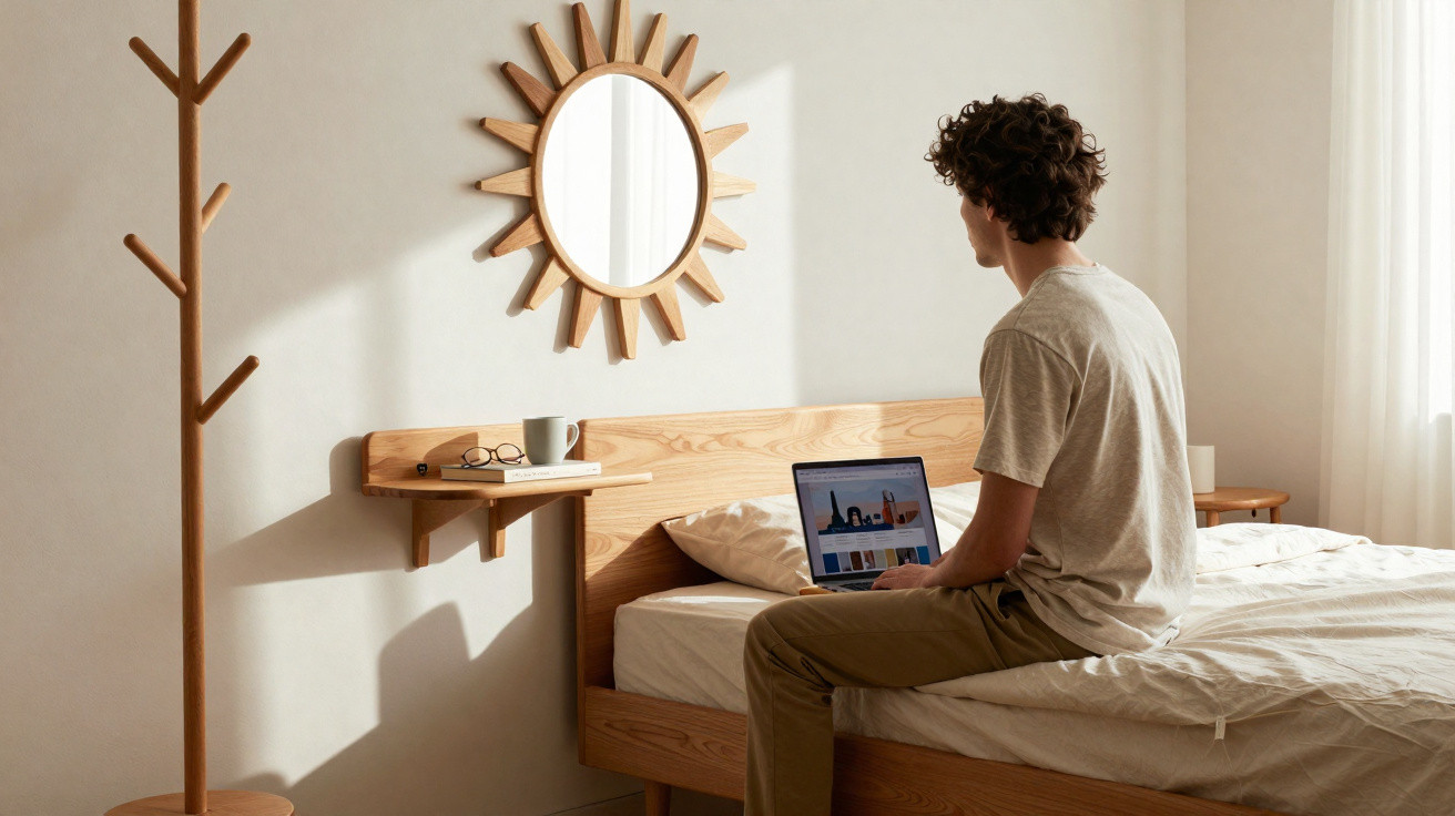 Jovem sentado na cama, usando laptop em quarto com decoração clara e espelho redondo de madeira.