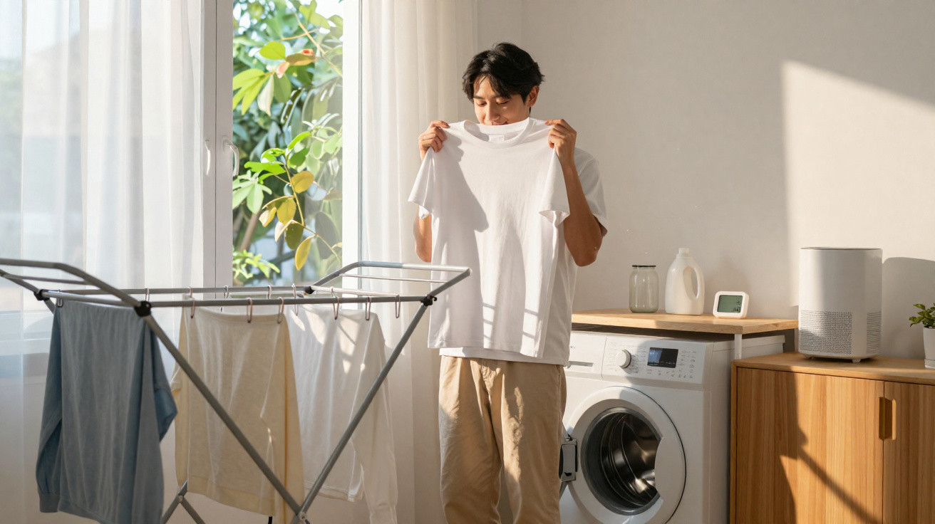 Homem cheirando camiseta branca recém-lavada em lavanderia iluminada pelo sol.