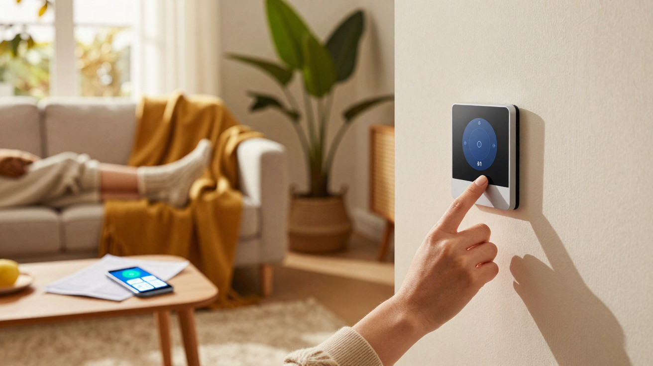 Pessoa ajustando um termostato digital na parede em uma sala iluminada com sofá e planta ao fundo.