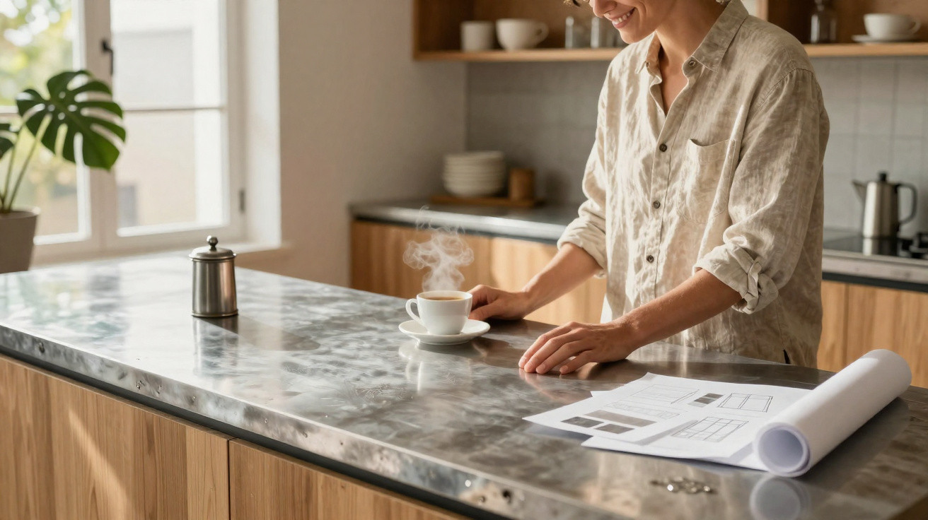 Pessoa segurando uma xícara de café com vapor em uma cozinha moderna com plantas e papéis na bancada.
