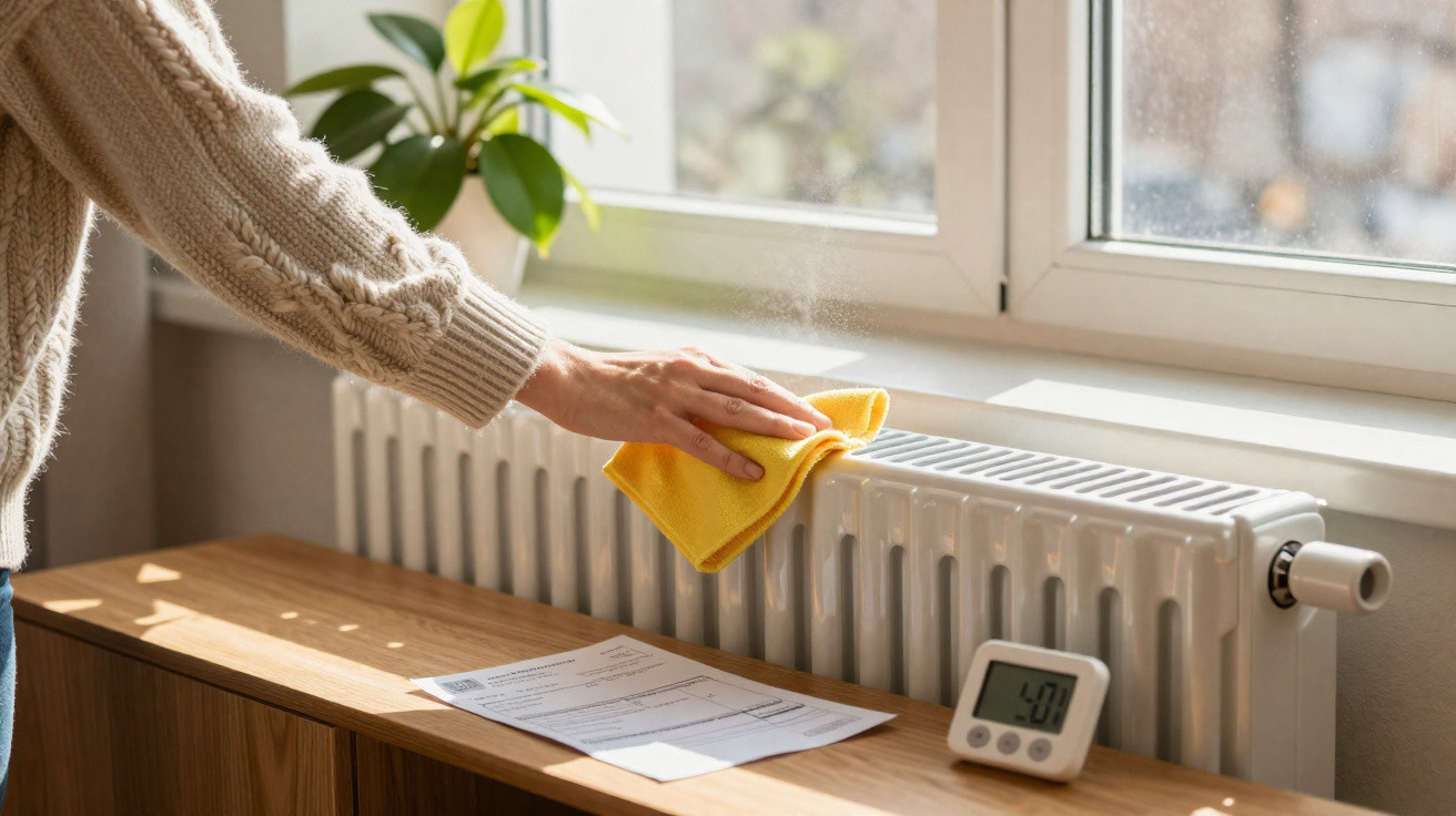 Pessoa limpando aquecedor branco com pano amarelo em ambiente iluminado próximo a janela.
