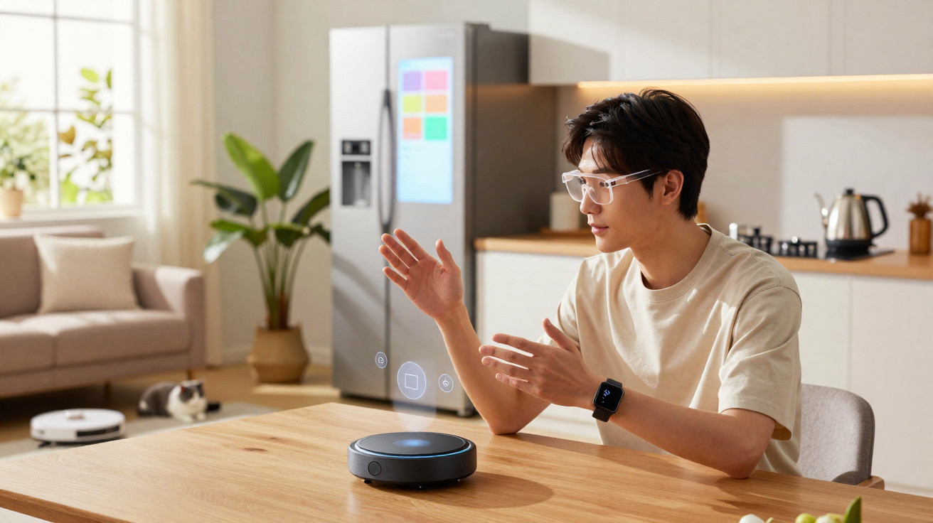 Homem interagindo com assistente virtual em dispositivo redondo sobre mesa em cozinha moderna.