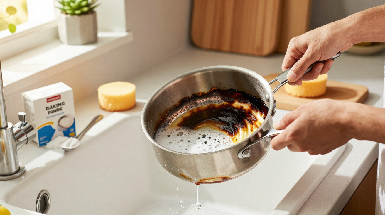 Pessoa lavando panela queimada com água na pia da cozinha iluminada por janela.