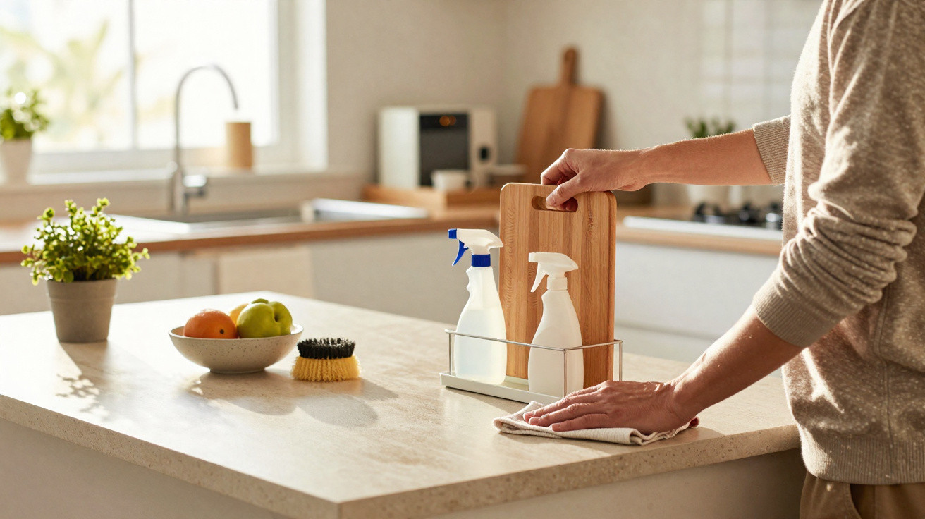 Pessoa limpando bancada de cozinha com spray de limpeza e pano branco em ambiente bem iluminado.