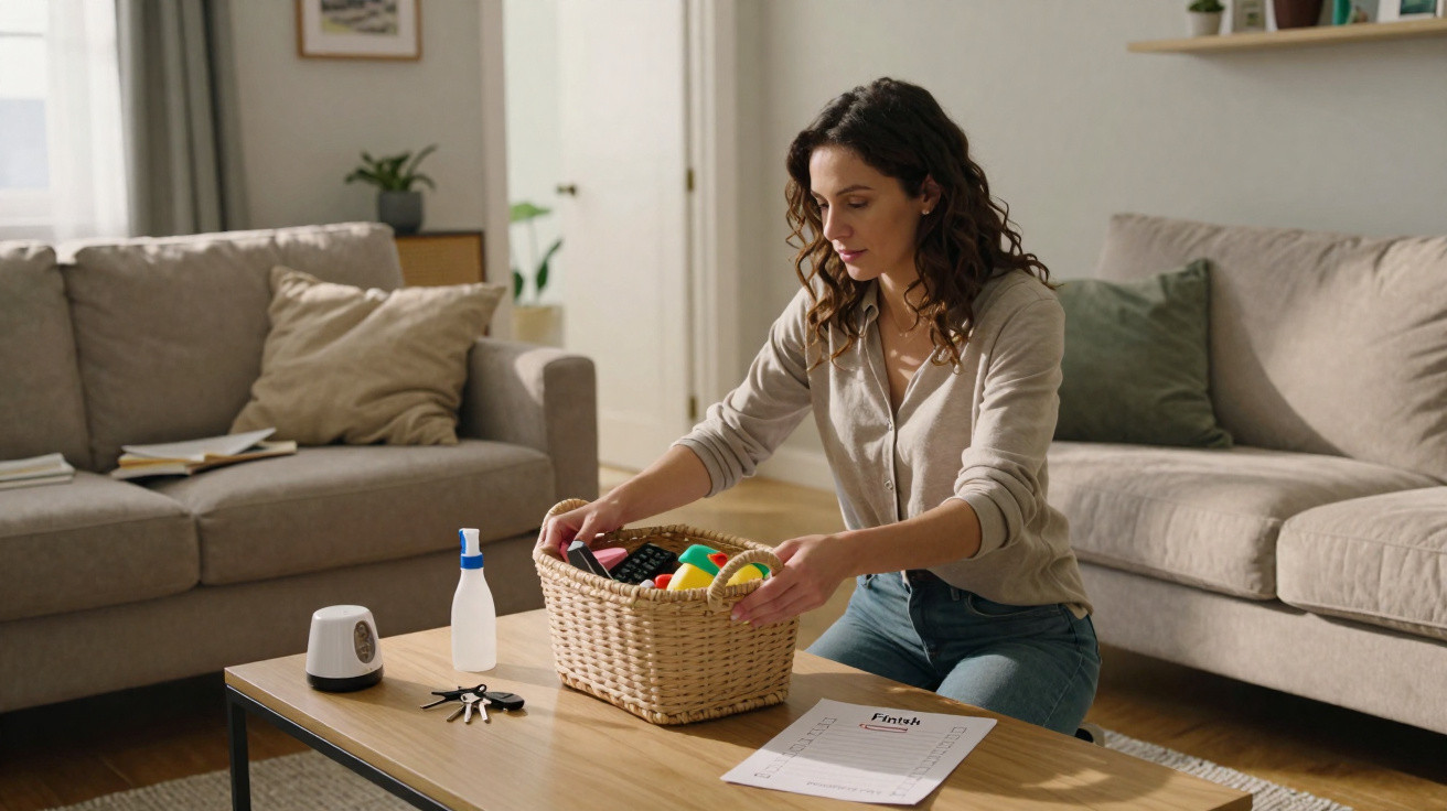 Mulher organizando brinquedos em cesto em sala de estar com sofá e mesa de centro.
