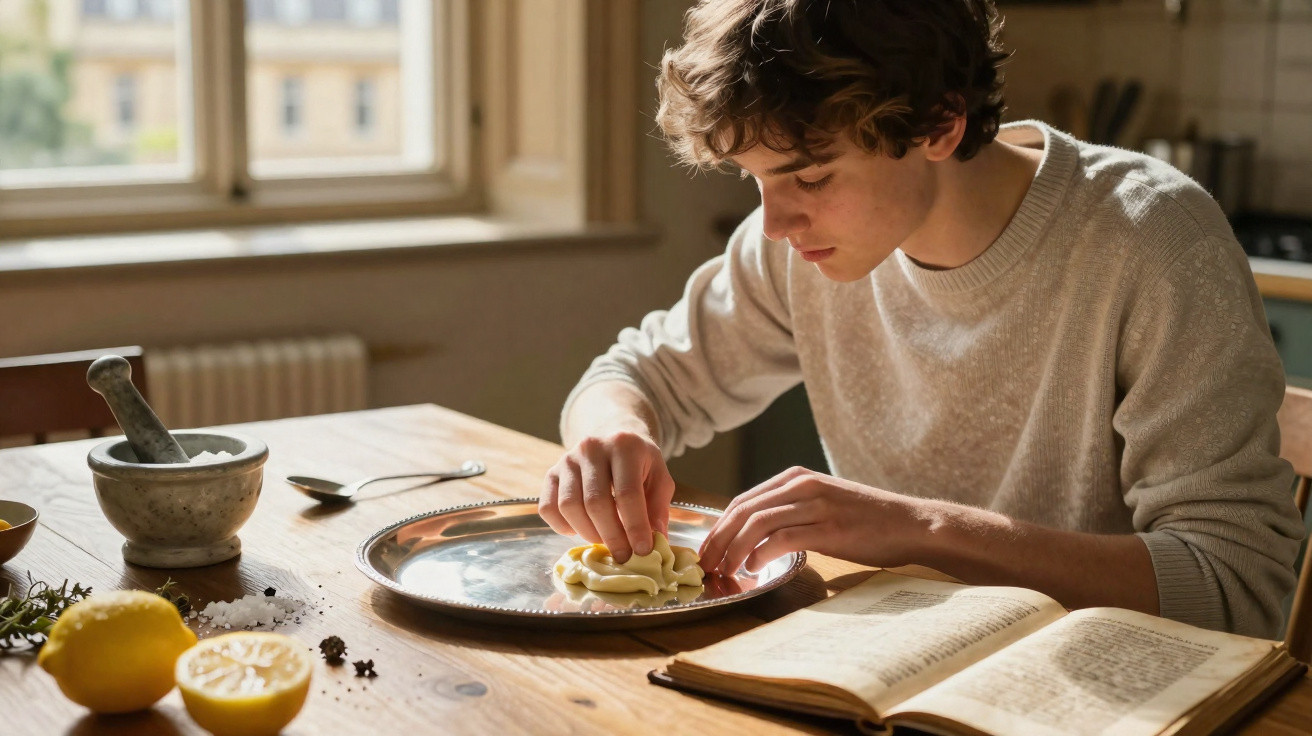 Jovem preparando comida em uma bandeja de metal, com livro aberto e ingredientes sobre a mesa de madeira.
