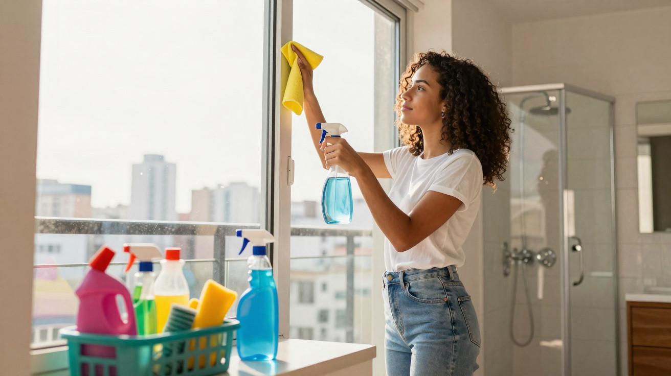 Mulher jovem limpando janela com pano amarelo e borrifador azul dentro de apartamento iluminado.