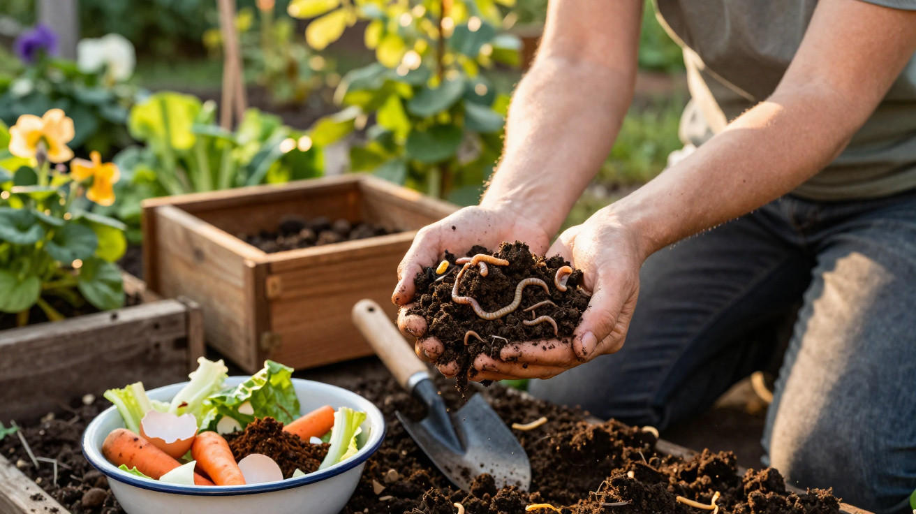 Pessoa segurando terra com minhocas para compostagem no jardim perto de legumes e flores.