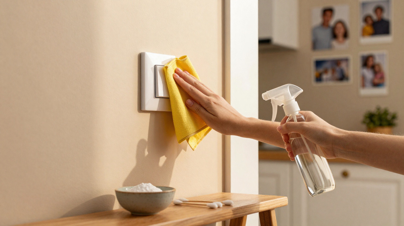 Pessoa limpando interruptor de luz com pano amarelo e spray de limpeza em ambiente interno.