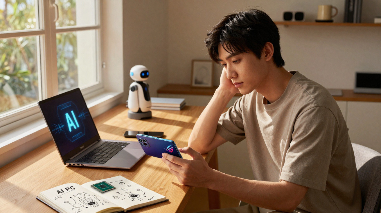 Jovem sentado numa mesa, olhando celular, com notebook mostrando IA e robô pequeno ao fundo.