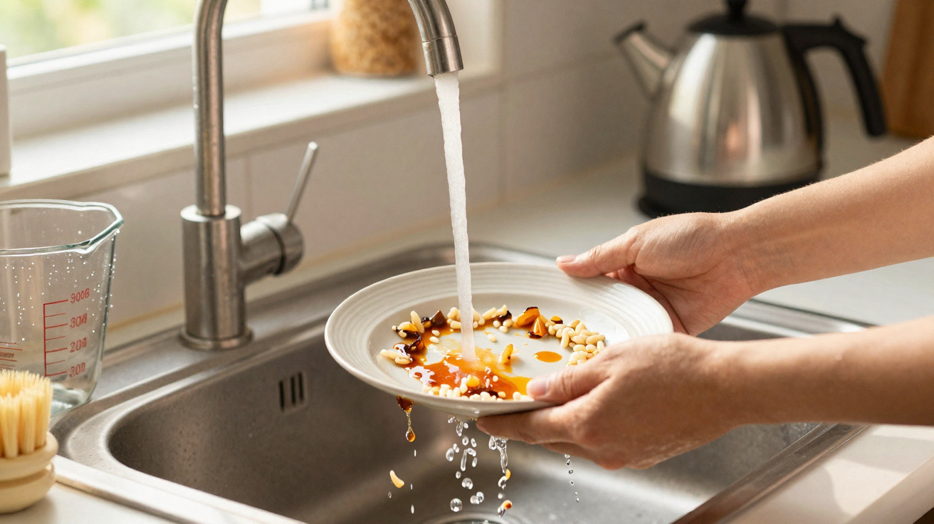Pessoa lavando um prato branco com molho e grãos de pinhão na pia da cozinha.