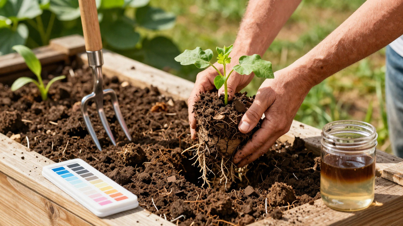 Mãos plantando muda em caixa de madeira com solo, vidrinho e conjunto de tiras de pH ao lado.