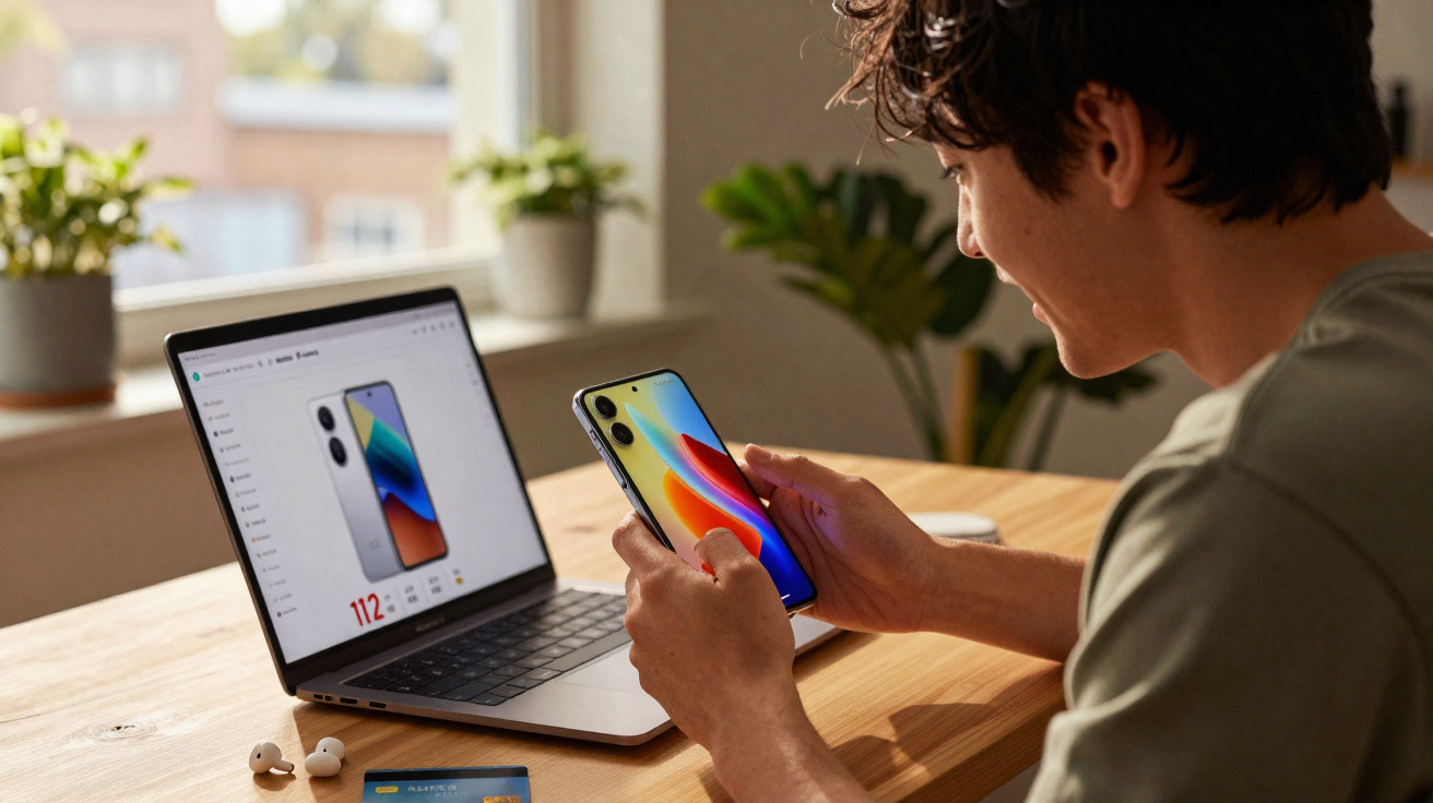 Homem segura smartphone com imagem colorida frente a notebook exibindo site de compra de celular em mesa de madeira.