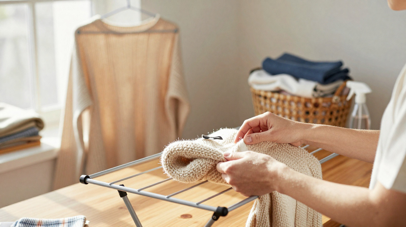 Pessoa preparando suéter de tricô para secar em varal dobrável dentro de casa, com roupas ao fundo.