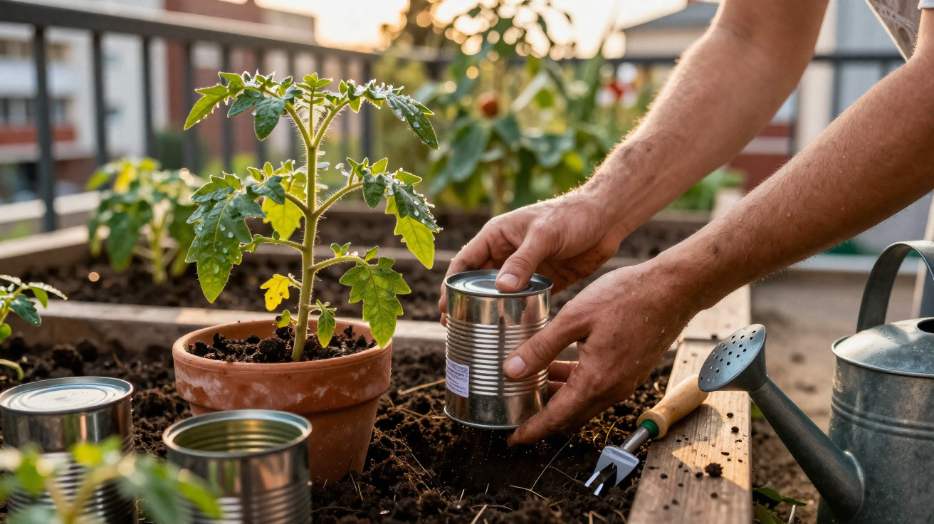 Mãos cuidando de muda de tomate em vaso, com regador e latas metálicas em canteiro de terra.