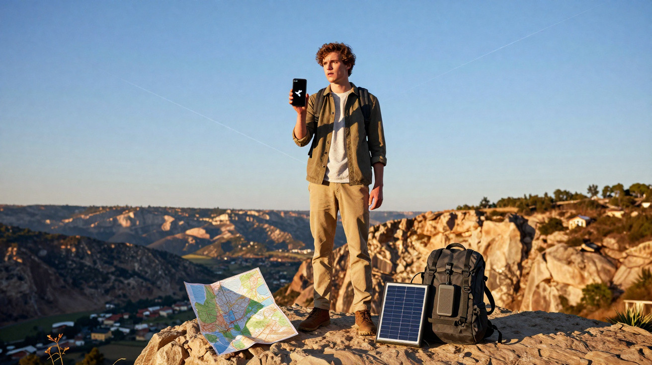 Jovem em montanha segurando celular com sinal, mapa aberto e mochila com painel solar no chão.