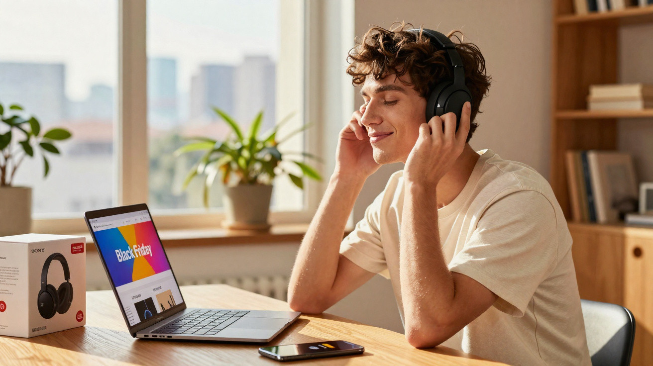 Jovem sentado à mesa, usando fones de ouvido sem fio, com laptop e caixa de fones ao lado.