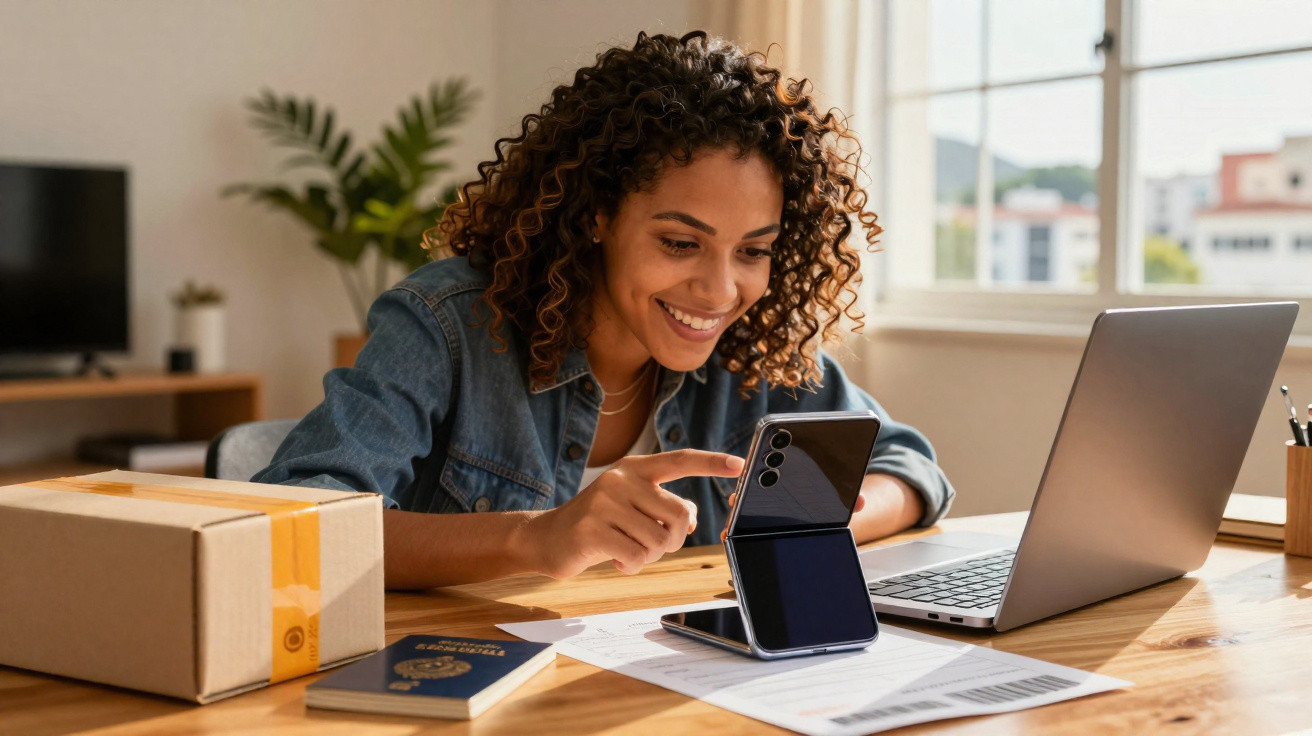 Mulher sorridente acessando smartphone dobrável na mesa com laptop, documentos, pacote e passaporte.