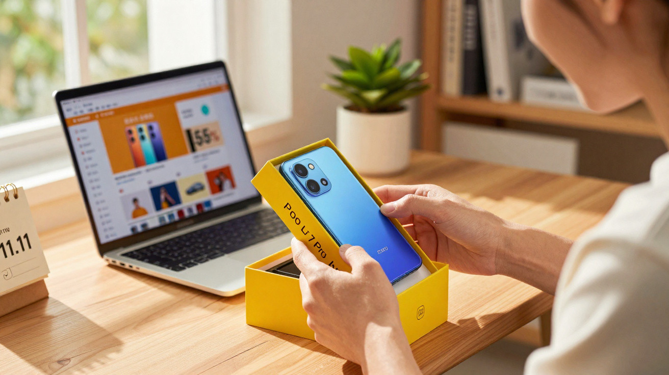 Pessoa segurando smartphone azul novo fora da caixa amarela, com laptop aberto em página de compras ao fundo.