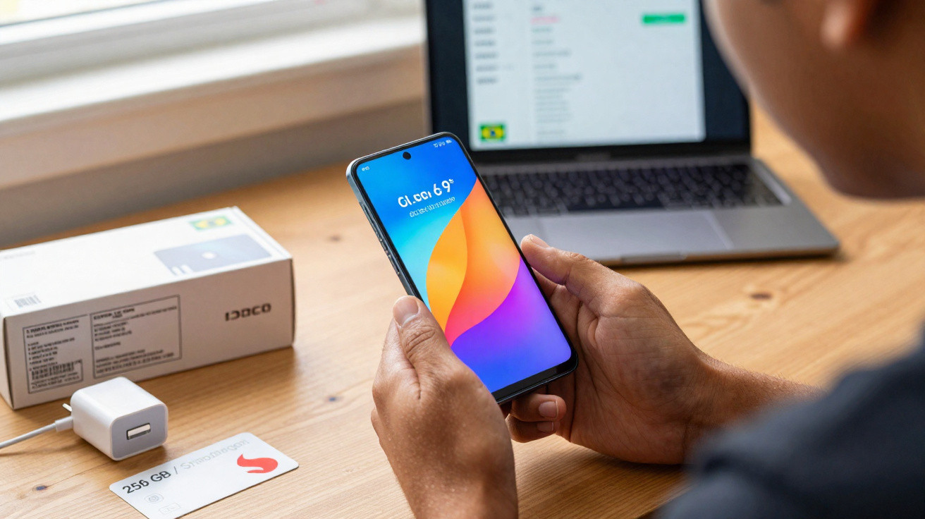 Pessoa segurando smartphone com tela colorida ao lado de caixa e cartão de 256 GB sobre mesa.