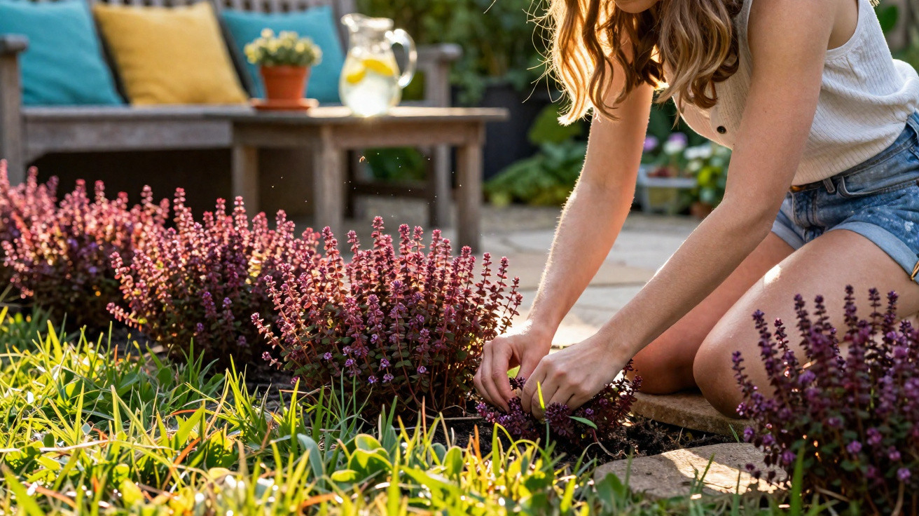Mulher cuidando de plantas em jardim com arbustos floridos e mesa com almofadas ao fundo.