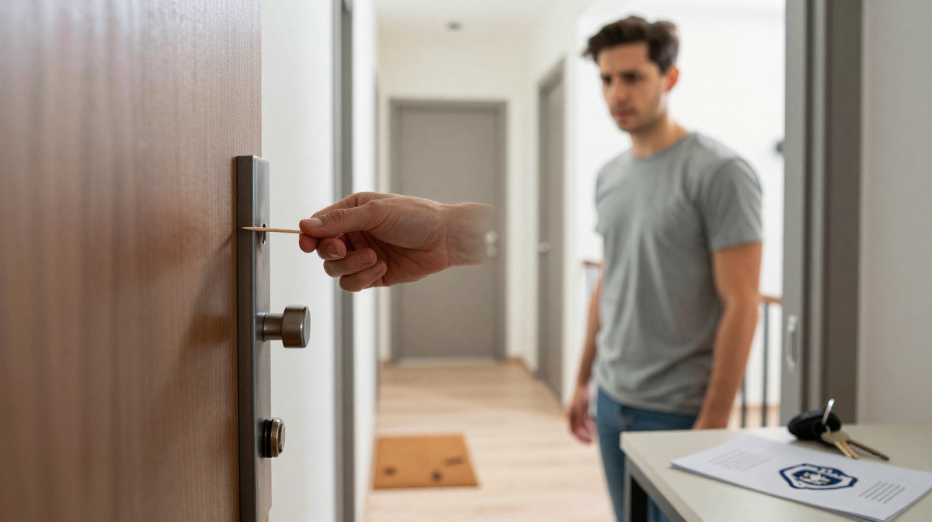 Homem tentando abrir fechadura com grampo em porta de apartamento em corredor residencial.