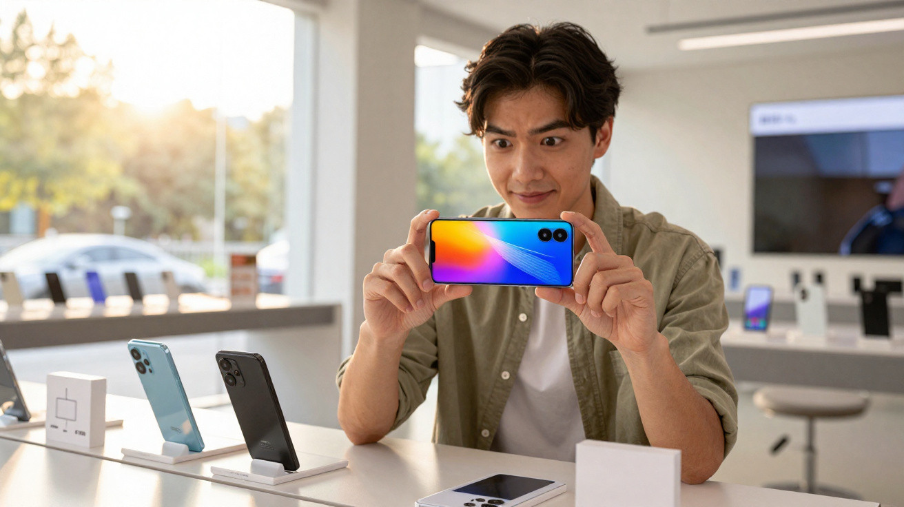 Jovem testa câmera de smartphone colorido em loja de eletrônicos com expressão animada.