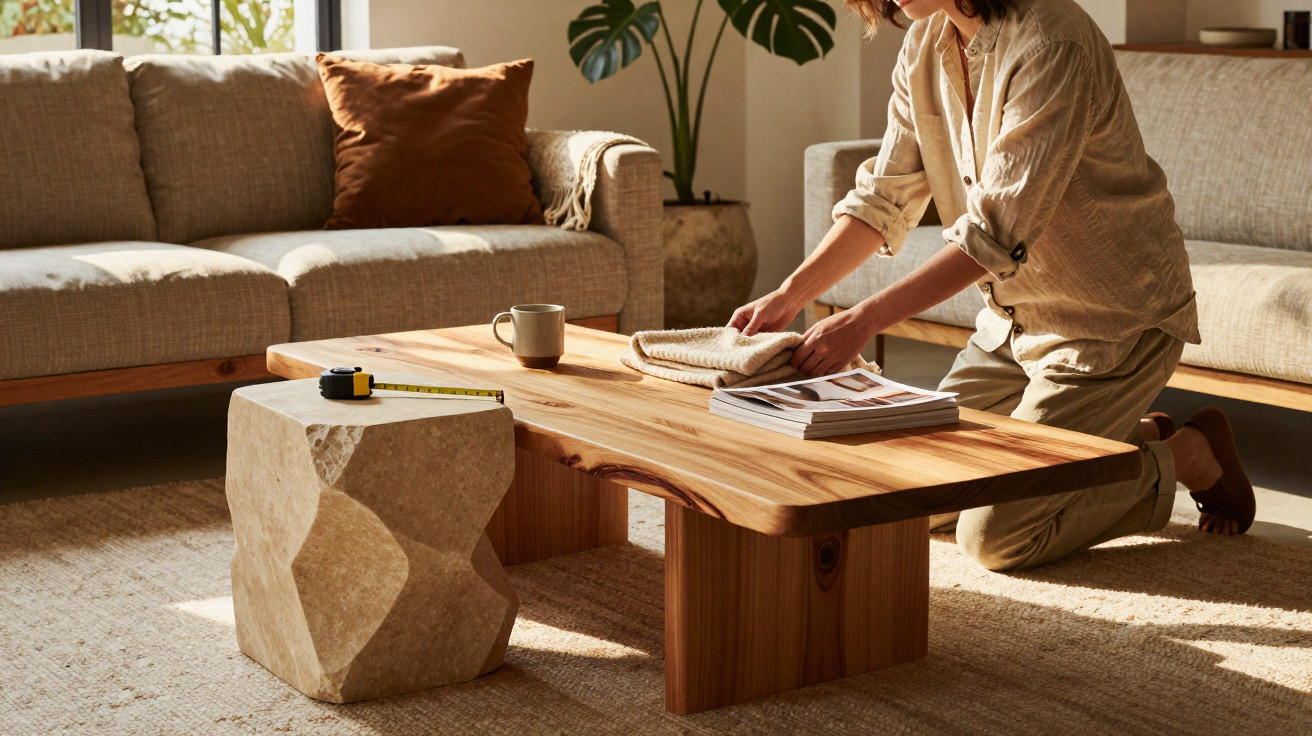 Mulher organizando itens sobre mesa de madeira em sala com sofá e tapete claro.