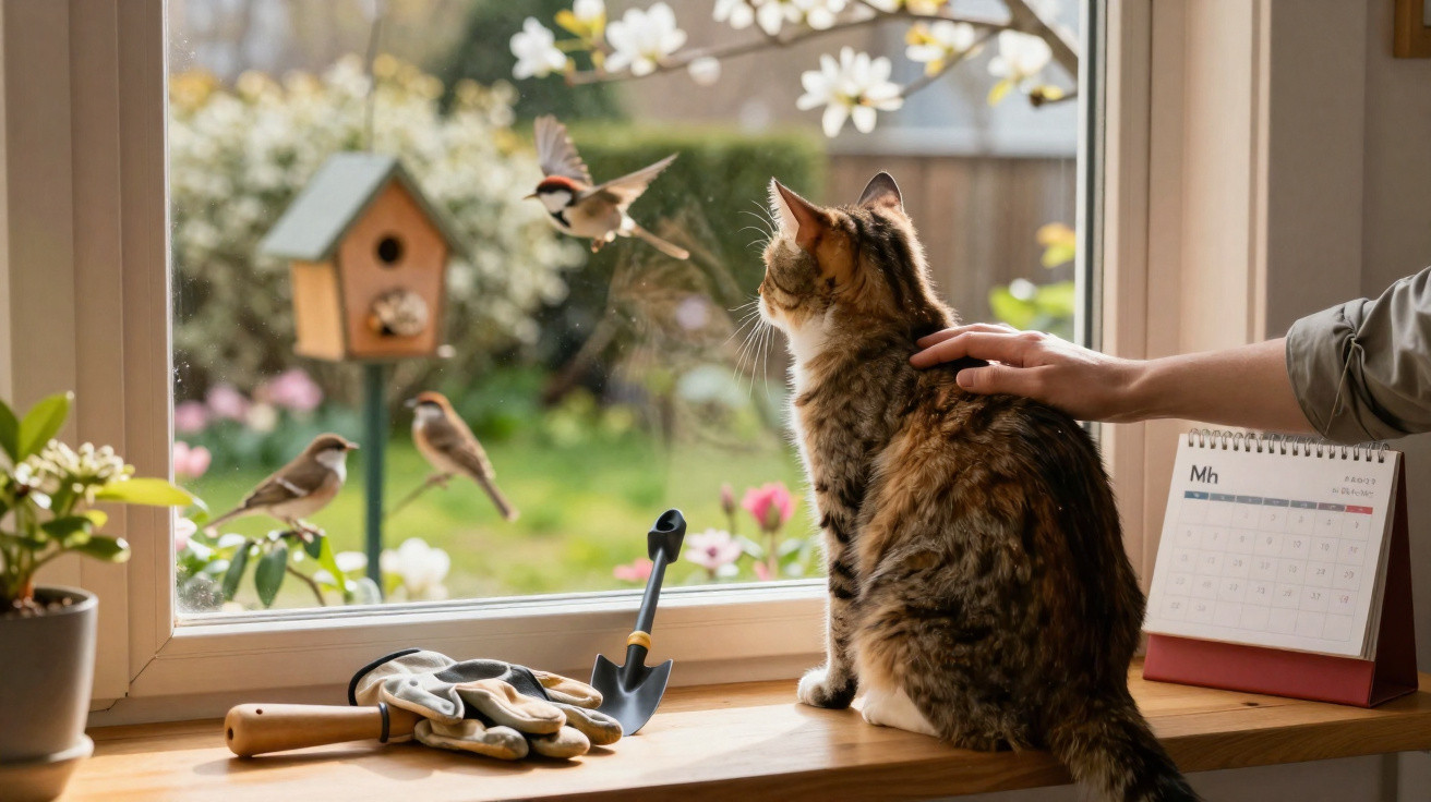 Gato observando pássaros pela janela enquanto mão acaricia seu pelo no parapeito com calendário e luvas.
