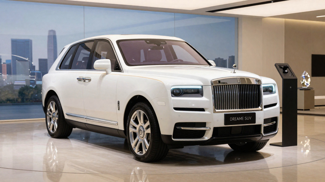 SUV de luxo branco Rolls-Royce Dreame exposto em ambiente moderno com vista urbana ao fundo.