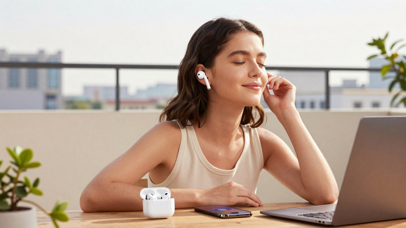 Jovem com fones de ouvido sem fio desfruta música com os olhos fechados ao lado de laptop e celular.