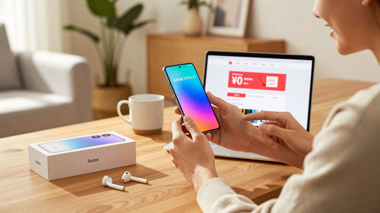 Pessoa segurando celular colorido à mesa com caixa de Redmi, fones e laptop aberto em site de compras.