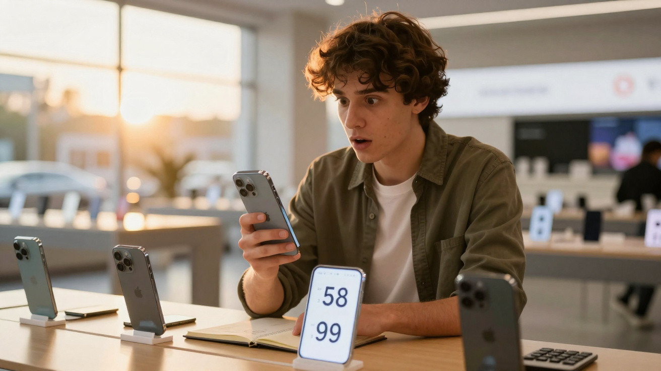 Jovem surpreso segurando smartphone em loja de eletrônicos com vários celulares expostos na mesa.