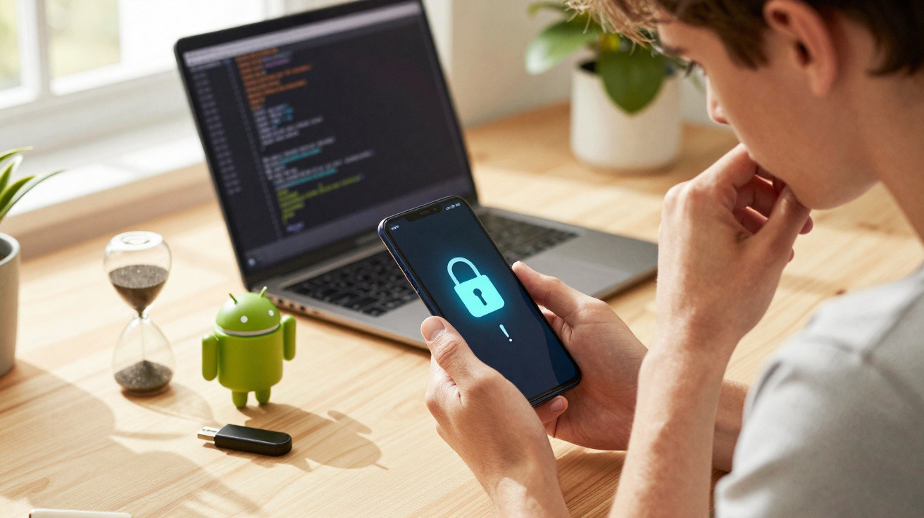 Pessoa segurando celular com ícone de cadeado, laptop com código, boneco Android e ampulheta na mesa.