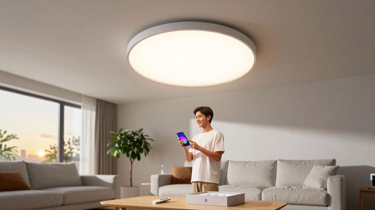 Homem controla luz de teto inteligente com celular em sala de estar moderna e iluminada.