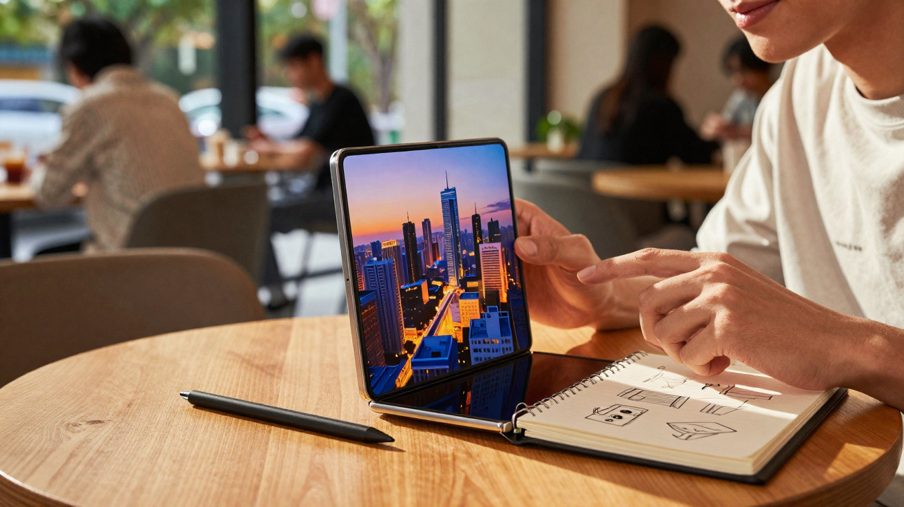 Pessoa usando smartphone dobrável exibindo cidade à noite enquanto faz anotações em caderno em mesa de café.