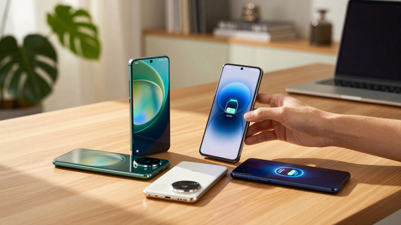 Mesa com quatro smartphones modernos, um celular sendo segurado e carregamento sem fio ativado.
