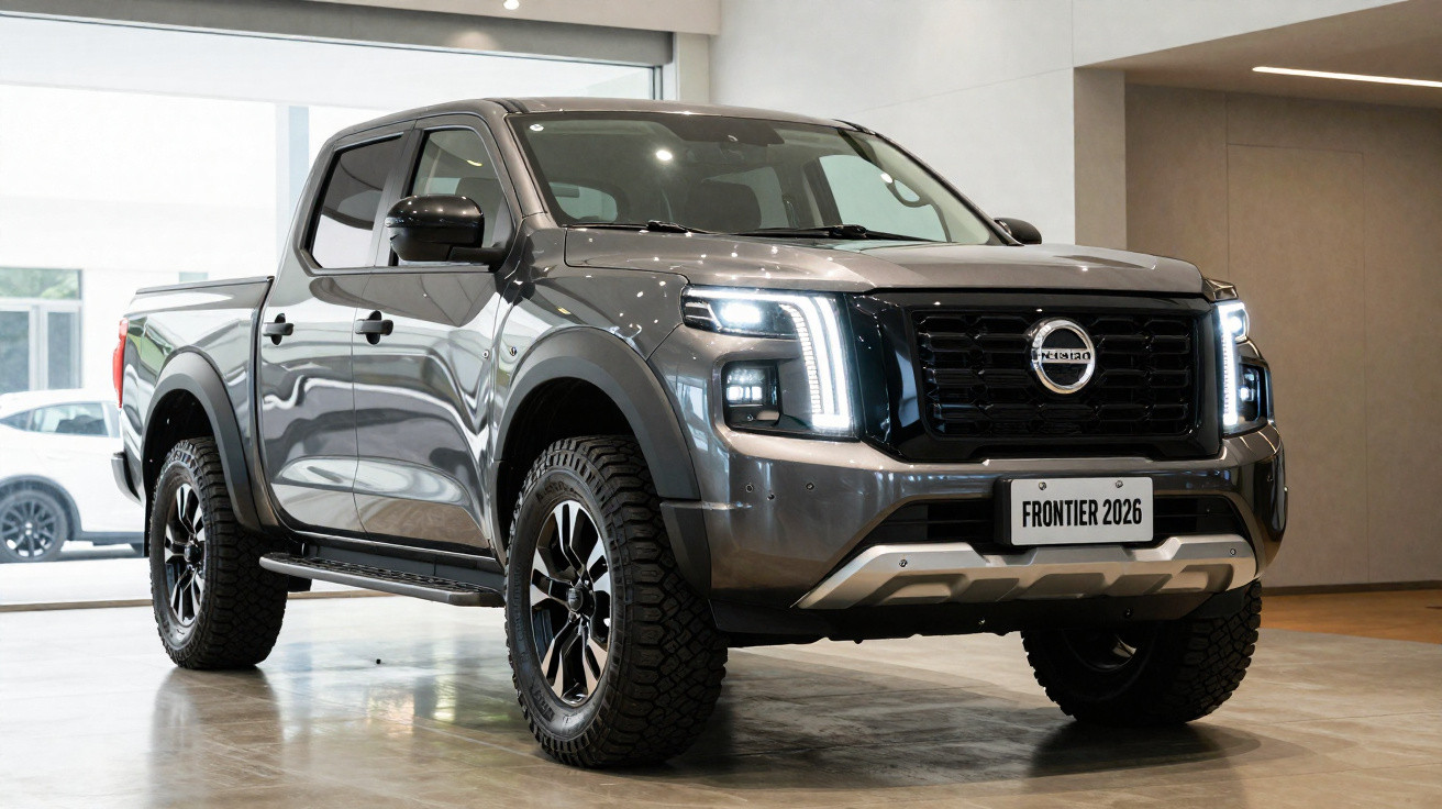 Picape Nissan Frontier 2026 cinza, com faróis LED acesos, em showroom moderno e iluminado.
