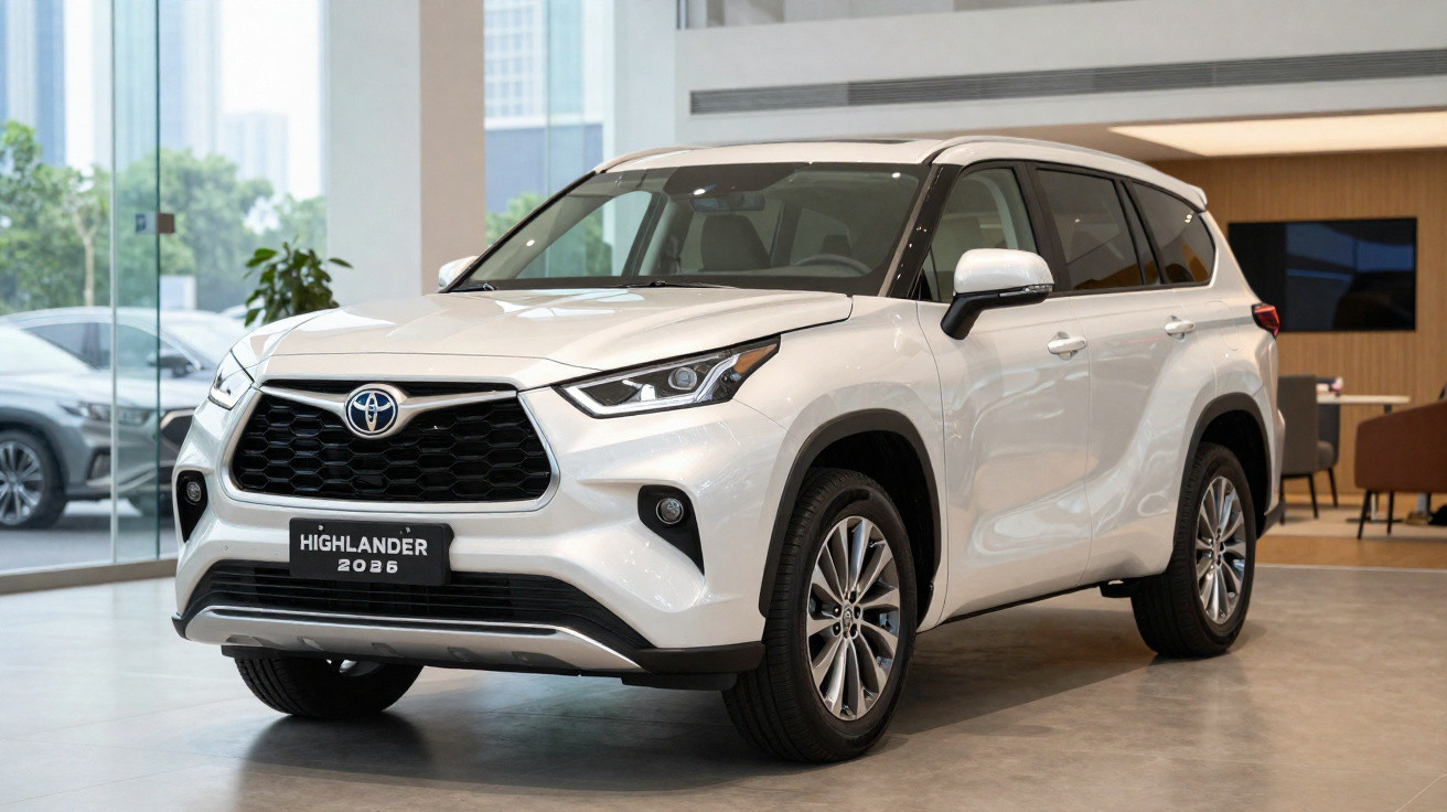 SUV branco Toyota Highlander 2026 exibido em showroom moderno com piso cinza e paredes de vidro.