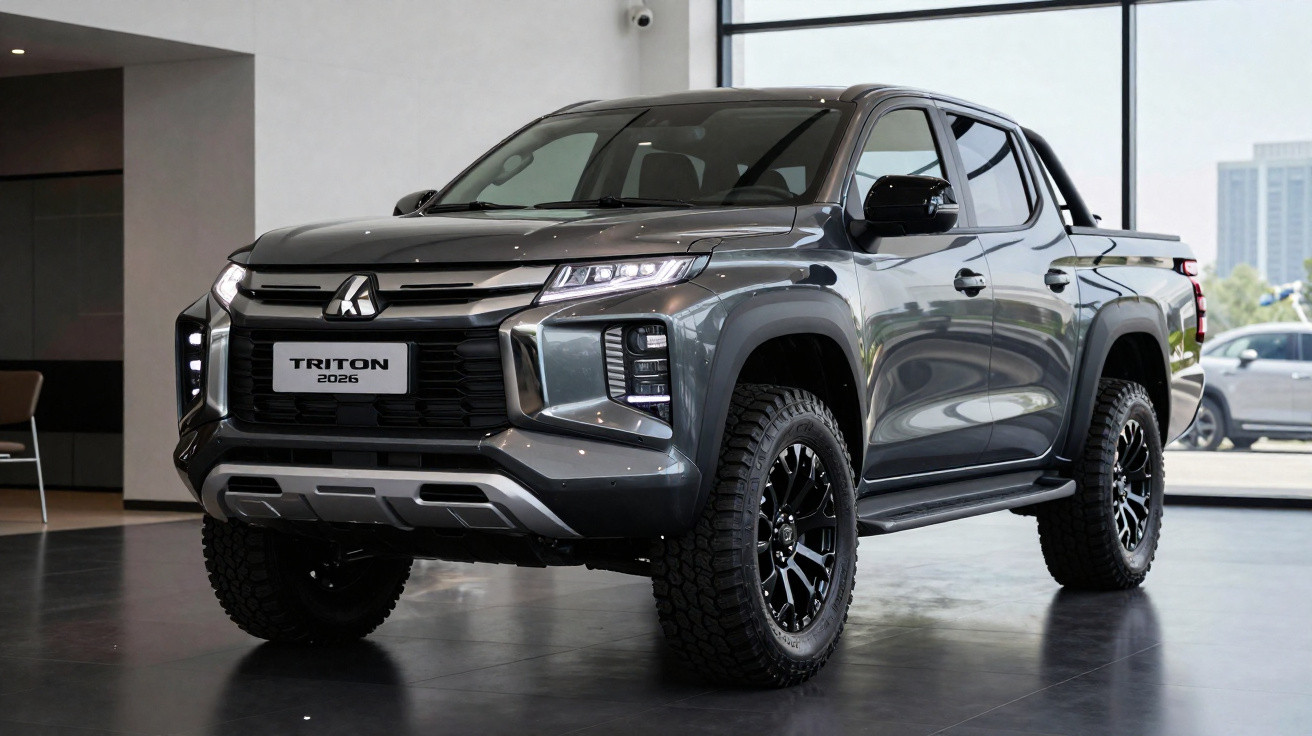 Picape Mitsubishi Triton 2026 cinza, exibida em showroom com rodas pretas robustas.