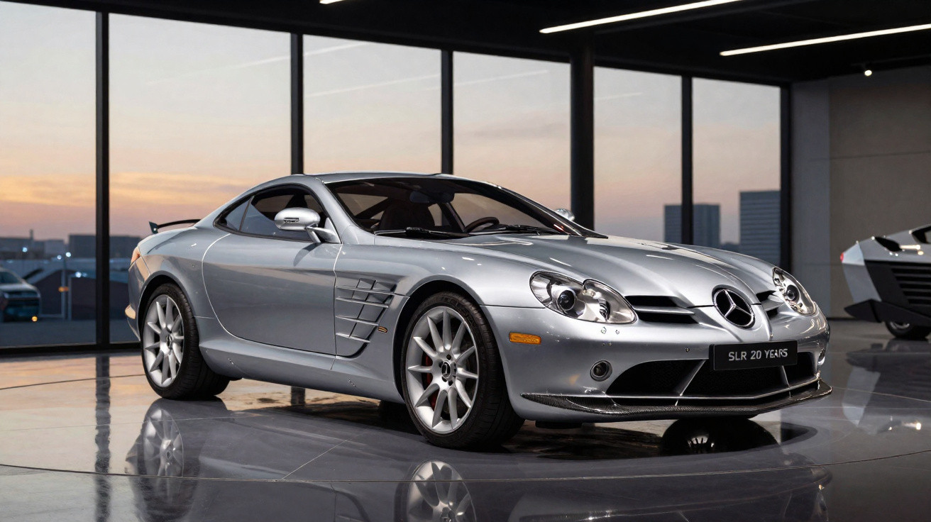 Carro esportivo Mercedes-Benz prata em exposição interna com iluminação suave ao entardecer.