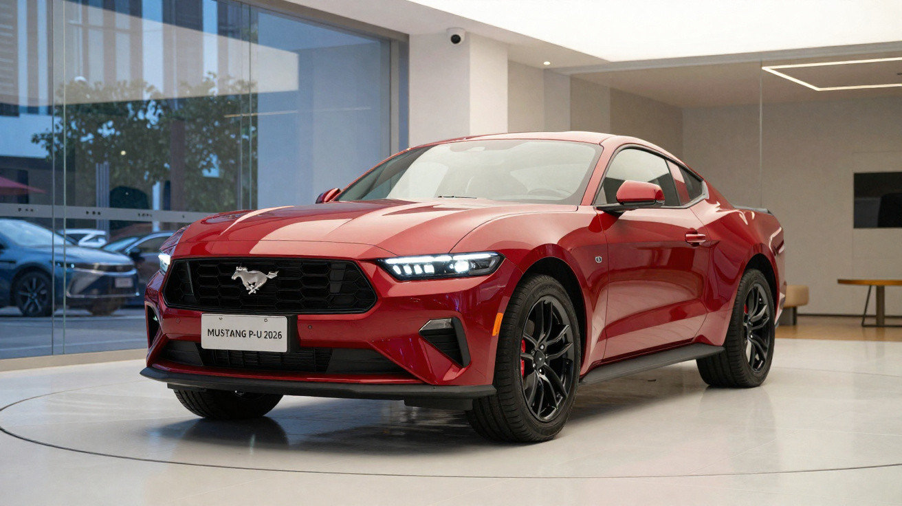 Carro esportivo vermelho Ford Mustang exibido em showroom moderno com iluminação branca.