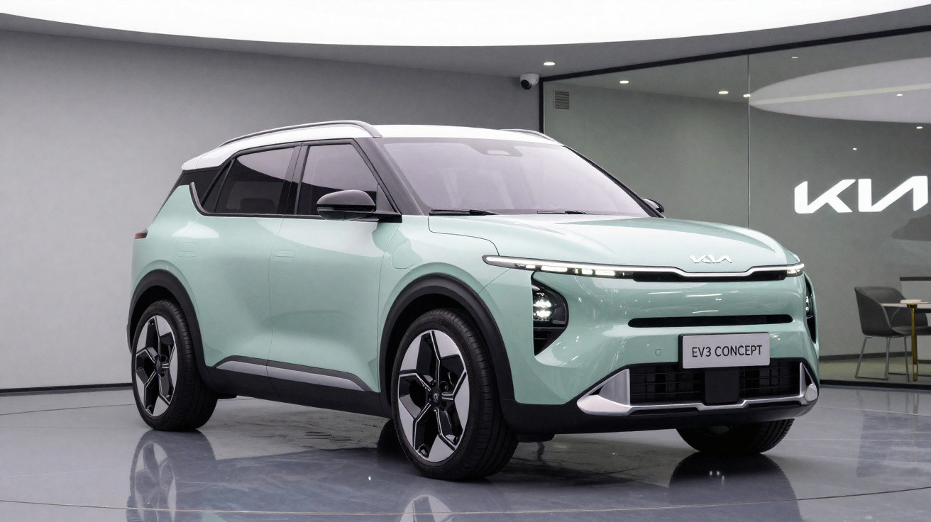 Carro elétrico conceito Kia EV3 de cor verde-água em exposição interna moderna com chão refletivo.