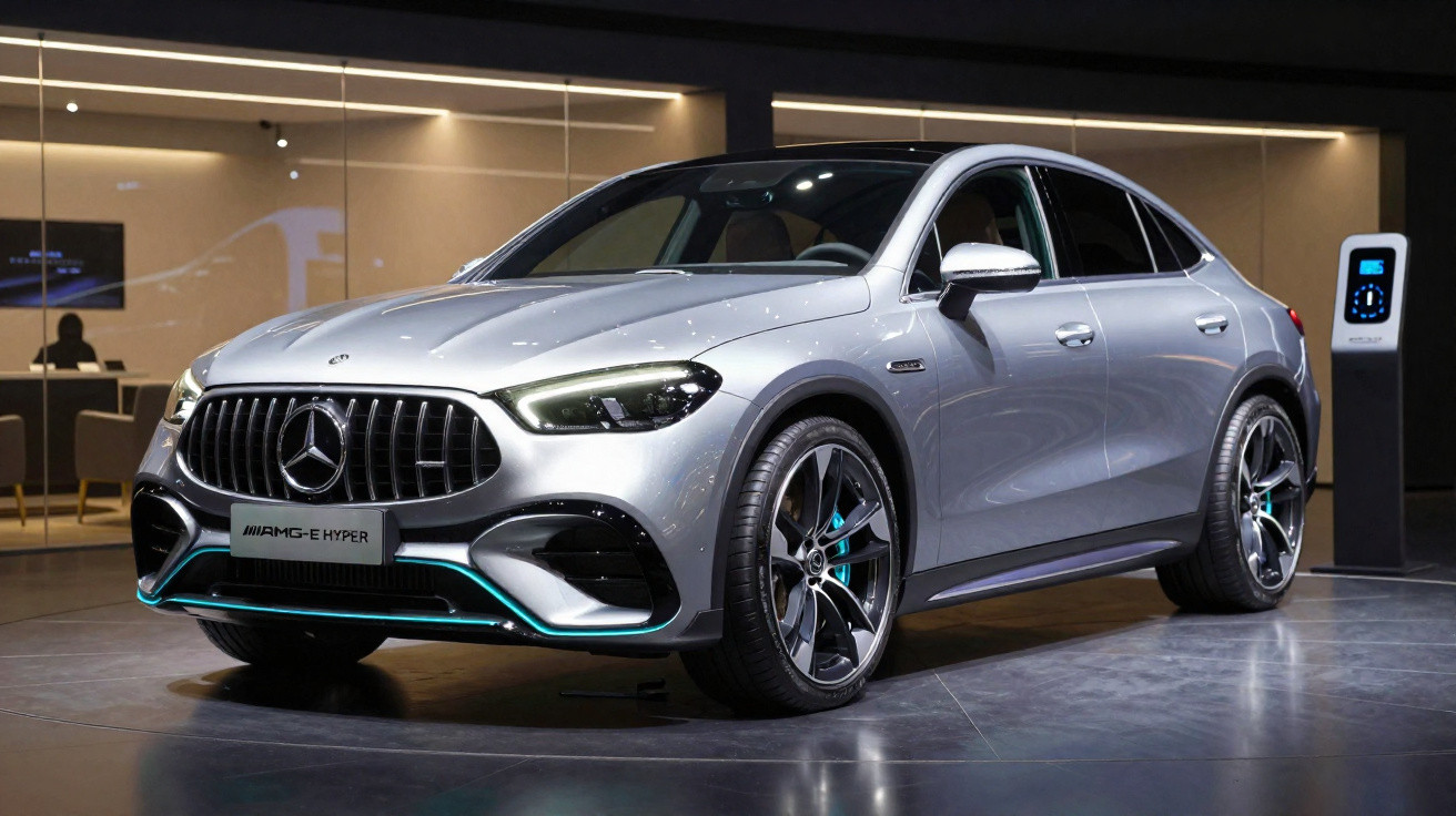 Mercedes-Benz AMG E-Hyper prata em exposição com carroceria esportiva e detalhes em azul neon.